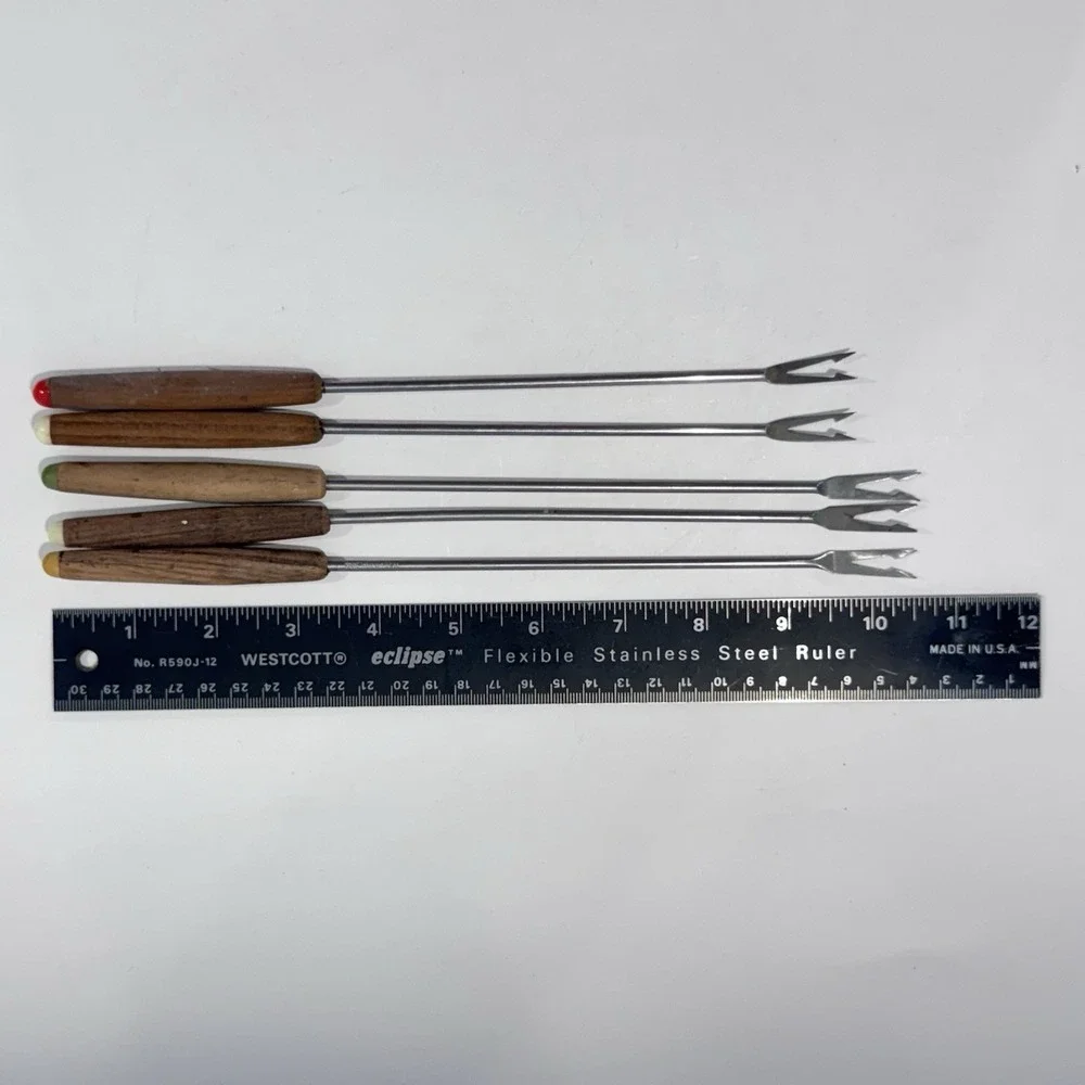 Vintage Fondue Fork Utensil‎ Set of 5 Stainless Steel w Wooden Handles Japan